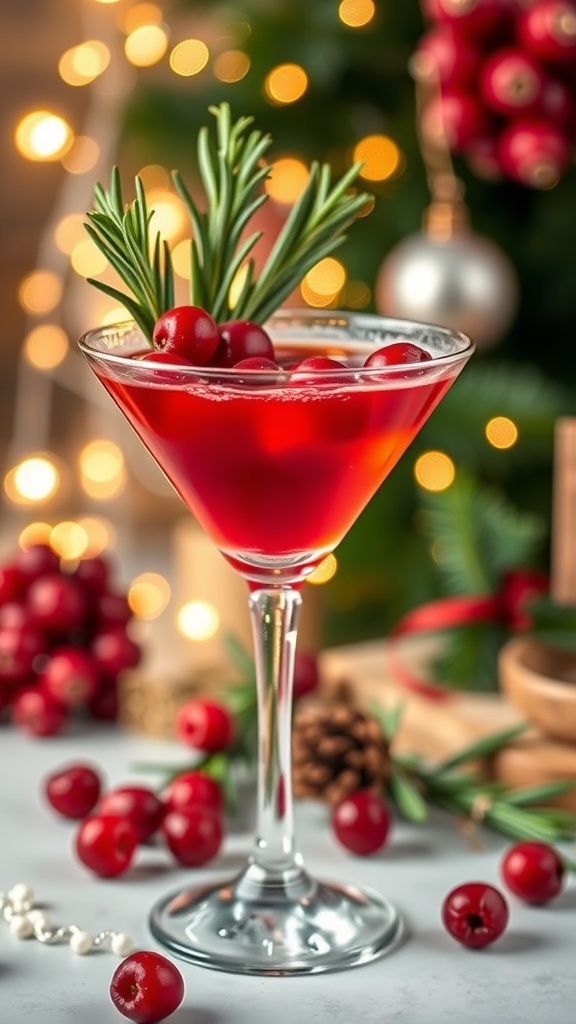 Festive Christmas Martini Recipe A vibrant Christmas martini garnished with cranberries and rosemary on a festive table.